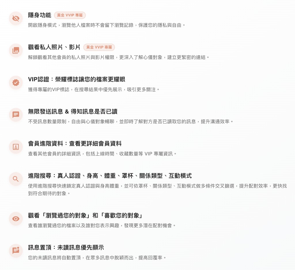 SugarLux VIP 權益條列示意：各項加值功能與黃金 VVIP 專屬標示